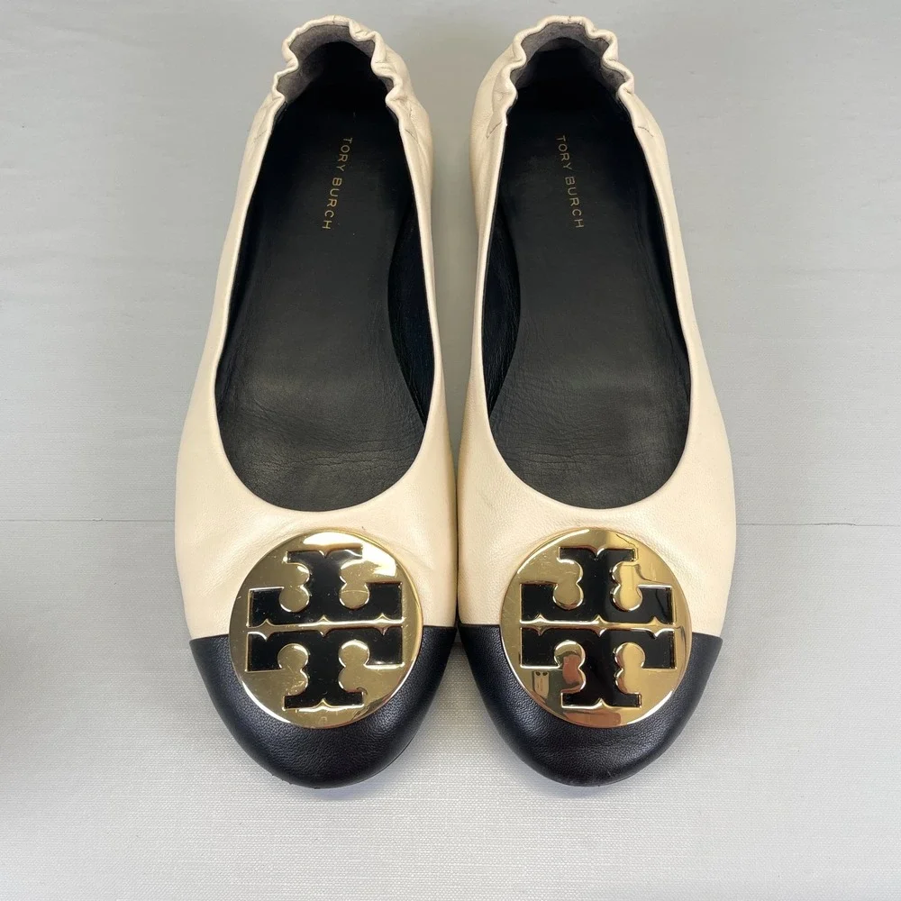 Tory Burch Claire Ballet Flats Womens Size 7.5 Cream Black Leather Cap Toe Shoes